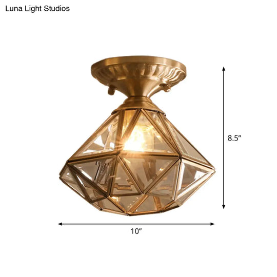 Diamond/Star Traditional Bedroom Ceiling Light - Transparent Glass 1-Light Brass Flushmount