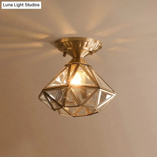 Diamond/Star Traditional Bedroom Ceiling Light - Transparent Glass 1-Light Brass Flushmount