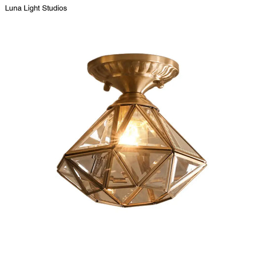 Diamond/Star Traditional Bedroom Ceiling Light - Transparent Glass 1-Light Brass Flushmount