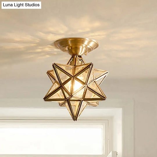 Diamond/Star Traditional Bedroom Ceiling Light - Transparent Glass 1-Light Brass Flushmount