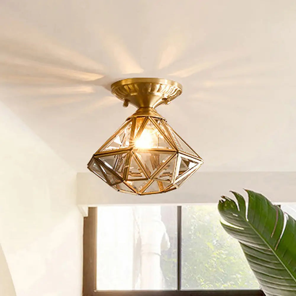 Diamond/Star Traditional Bedroom Ceiling Light - Transparent Glass 1-Light Brass Flushmount /