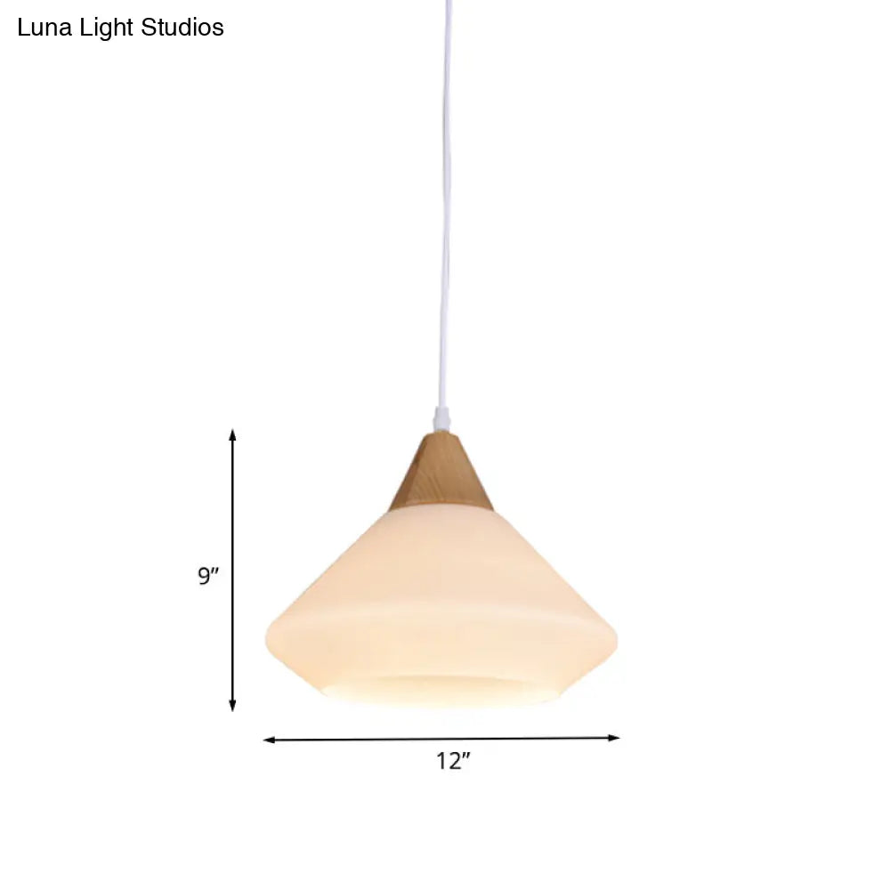 Modernist Wood Pendant With Diamond White Glass Shade - 1 Light Dining Room Ceiling