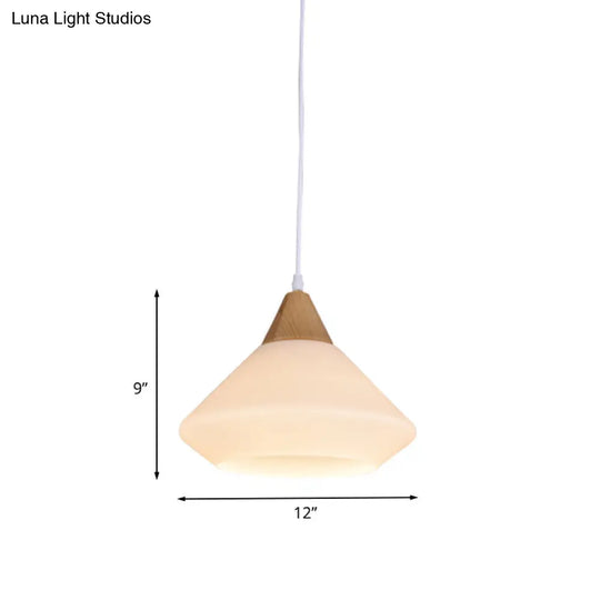 Modernist Wood Pendant With Diamond White Glass Shade - 1 Light Dining Room Ceiling