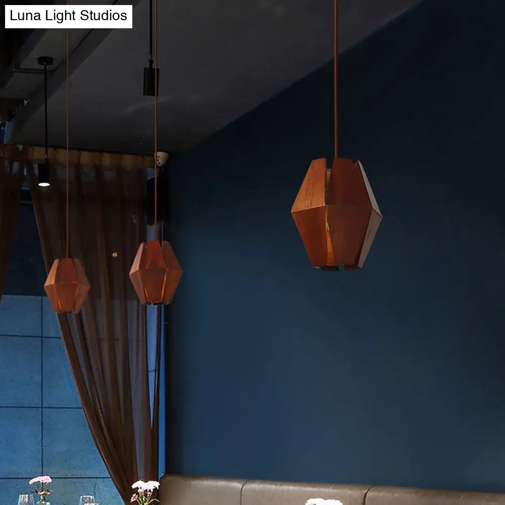 Diamond Wood Hanging Light: Asian 1 Head Red Brown Ceiling Lamp For Dining Table