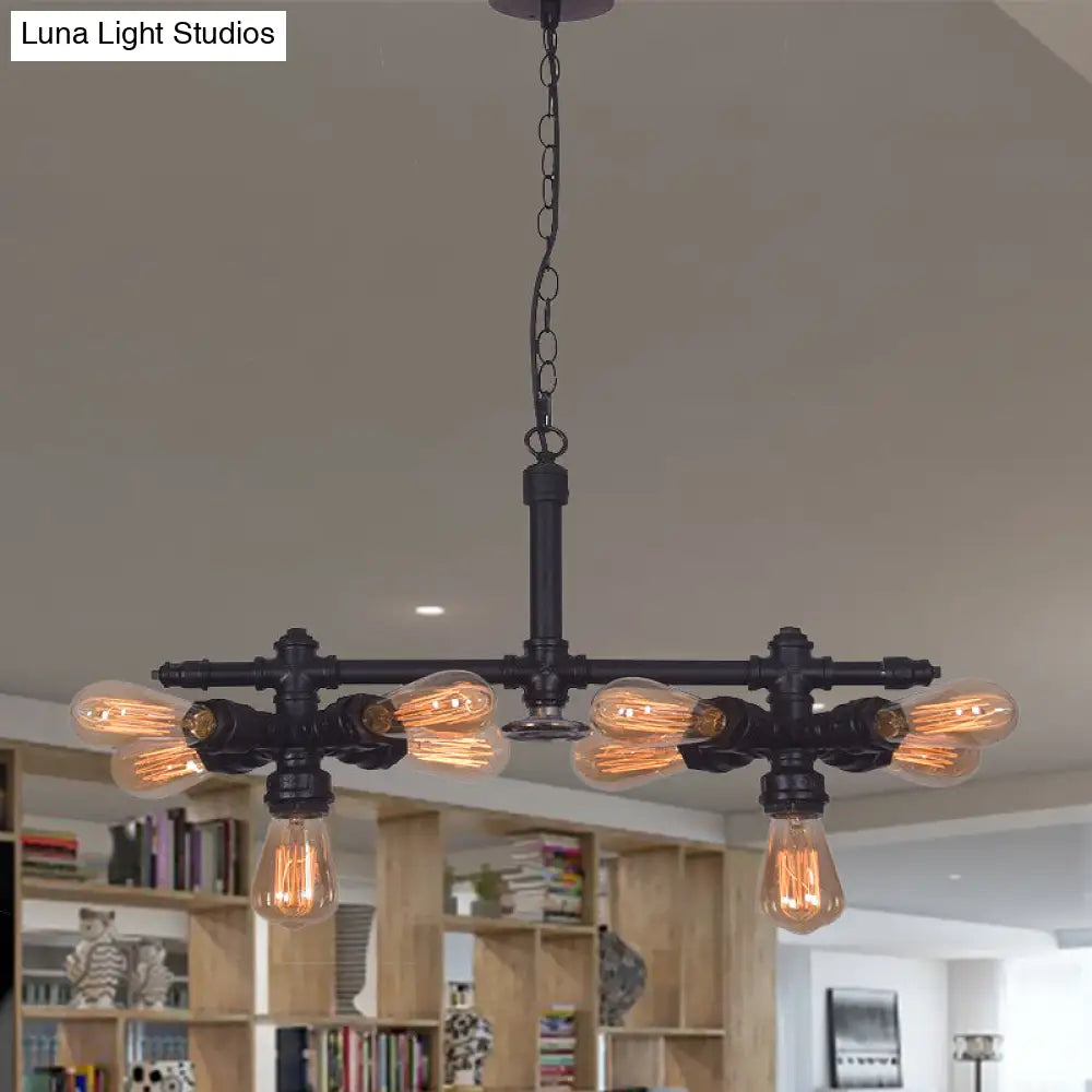Diana - Vintage 10 Bulbs Iron Ceiling Chandelier Black Radial Pipe Living Room Suspended Pendant