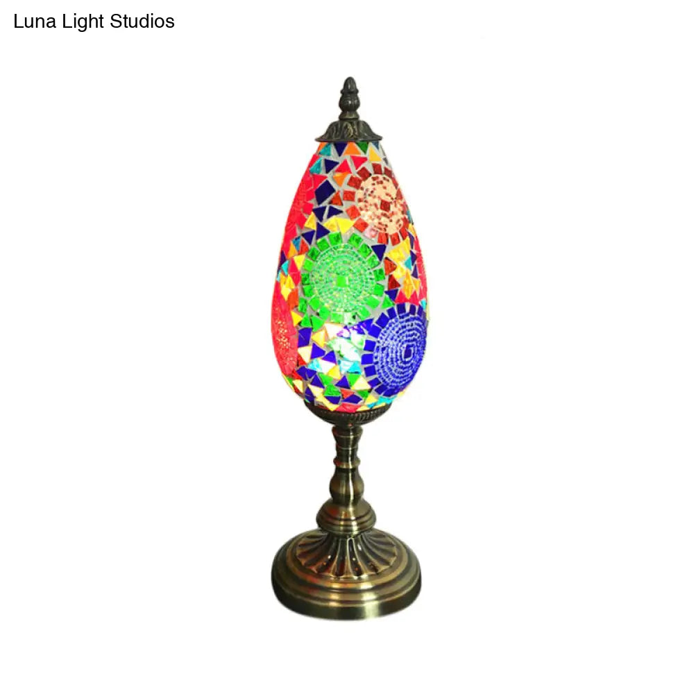 Antique Stained Art Glass Teardrop Plug In Nightstand Lamp - Orange/Red Table Light For Living Room