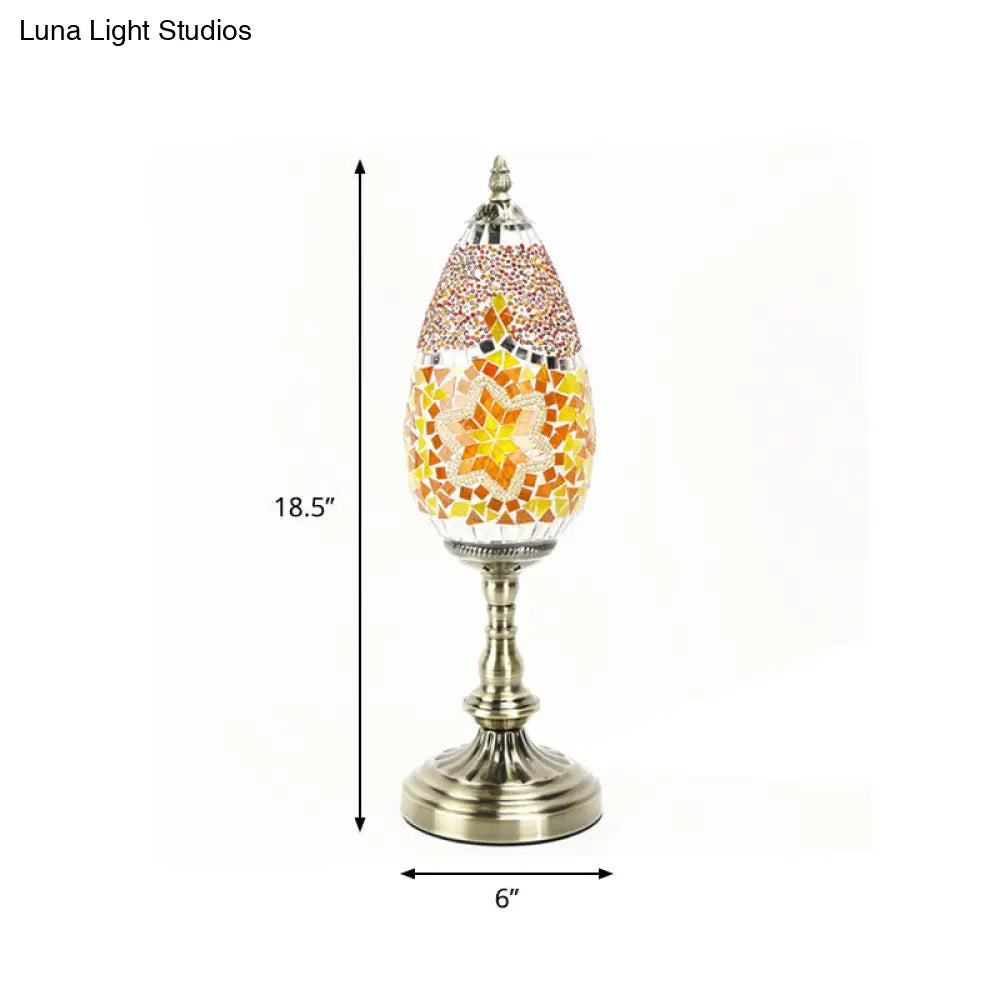 Antique Stained Art Glass Teardrop Plug In Nightstand Lamp - Orange/Red Table Light For Living Room