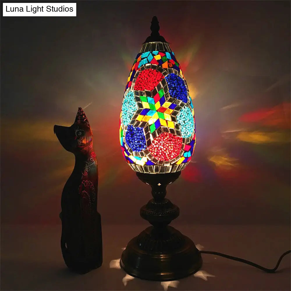 Antique Stained Art Glass Teardrop Plug In Nightstand Lamp - Orange/Red Table Light For Living Room