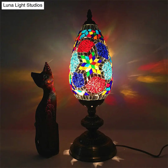 Antique Stained Art Glass Teardrop Plug In Nightstand Lamp - Orange/Red Table Light For Living Room