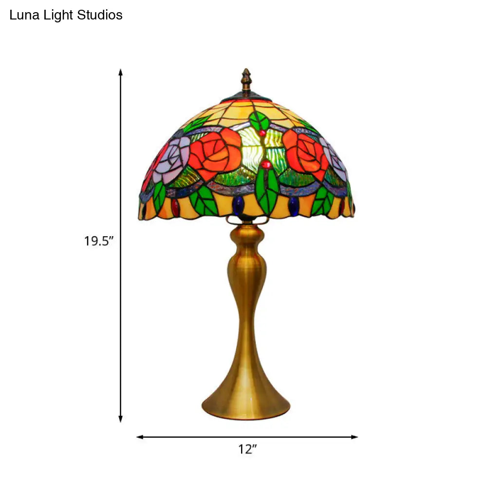 Gold Night Table Lamp: 1-Light Mediterranean Cut Glass Bowl Shape Desk Light With Rose Pattern