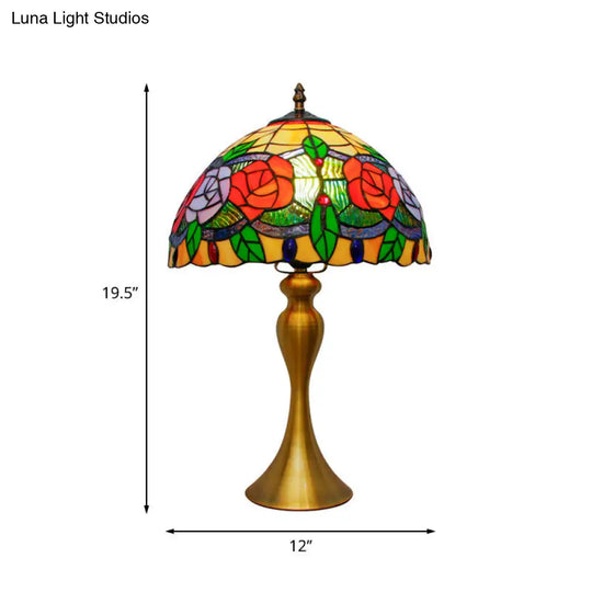 Gold Night Table Lamp: 1-Light Mediterranean Cut Glass Bowl Shape Desk Light With Rose Pattern