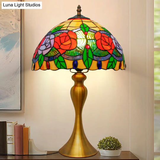 Gold Night Table Lamp: 1-Light Mediterranean Cut Glass Bowl Shape Desk Light With Rose Pattern