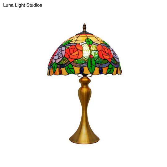 Gold Night Table Lamp: 1-Light Mediterranean Cut Glass Bowl Shape Desk Light With Rose Pattern