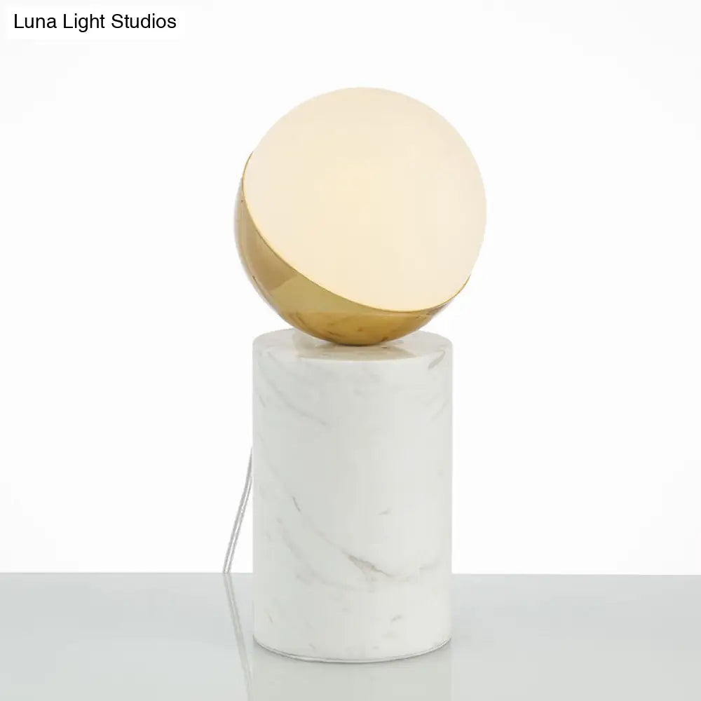 Sleek Cream Glass Bedside Lamp With Marble Pillar Brass Base Minimalist Ball Nightstand Light White