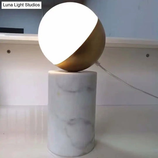 Sleek Cream Glass Bedside Lamp With Marble Pillar Brass Base Minimalist Ball Nightstand Light