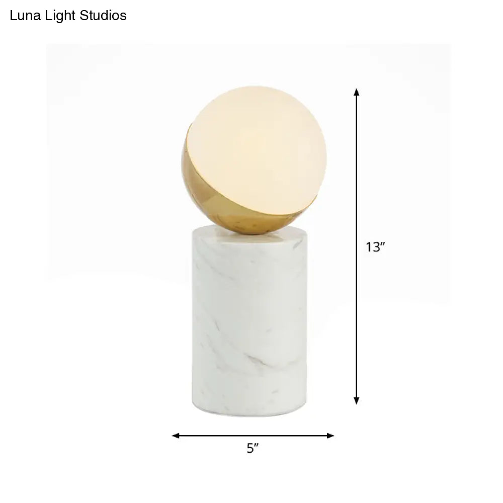 Sleek Cream Glass Bedside Lamp With Marble Pillar Brass Base Minimalist Ball Nightstand Light