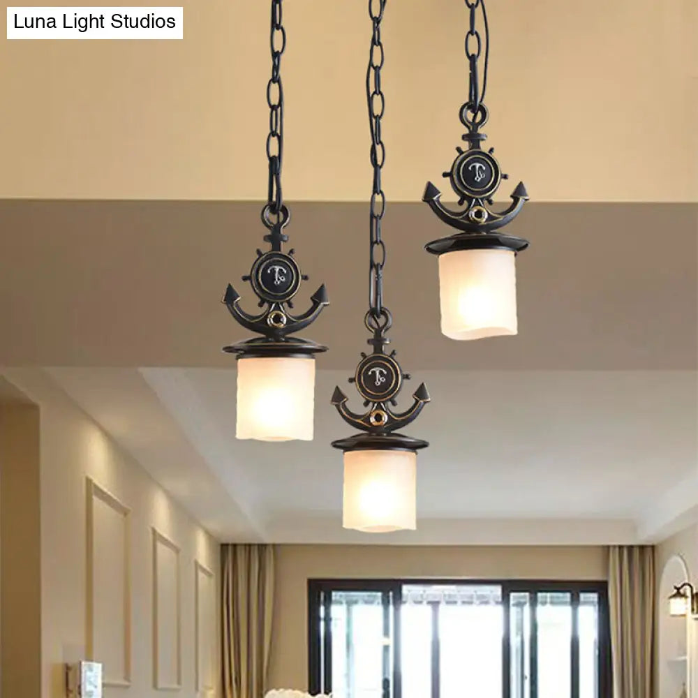 Dimpled Glass Cylindrical Pendant Lights - Modern 3-Head Down Lighting In Black/Blue With Anchor