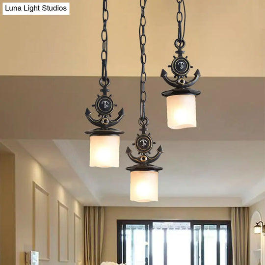 Dimpled Glass Cylindrical Pendant Lights - Modern 3-Head Down Lighting In Black/Blue With Anchor