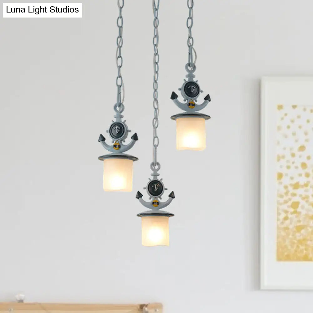 Dimpled Glass Cylindrical Pendant Lights - Modern 3-Head Down Lighting In Black/Blue With Anchor