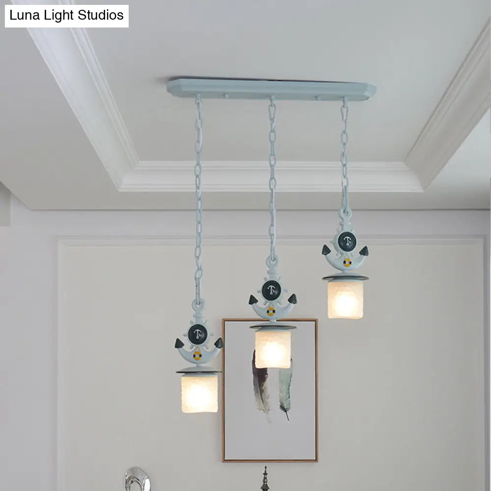 Dimpled Glass Cylindrical Pendant Lights - Modern 3-Head Down Lighting In Black/Blue With Anchor