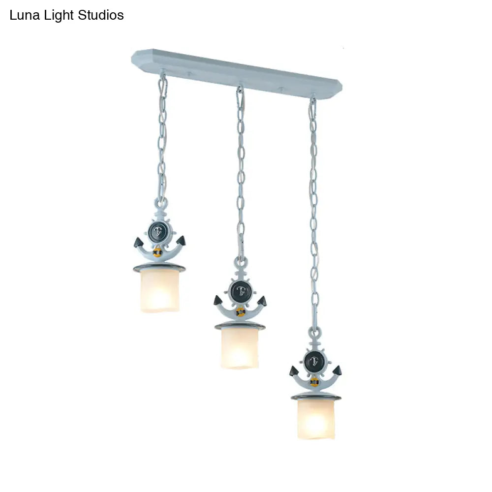 Dimpled Glass Cylindrical Pendant Lights - Modern 3-Head Down Lighting In Black/Blue With Anchor