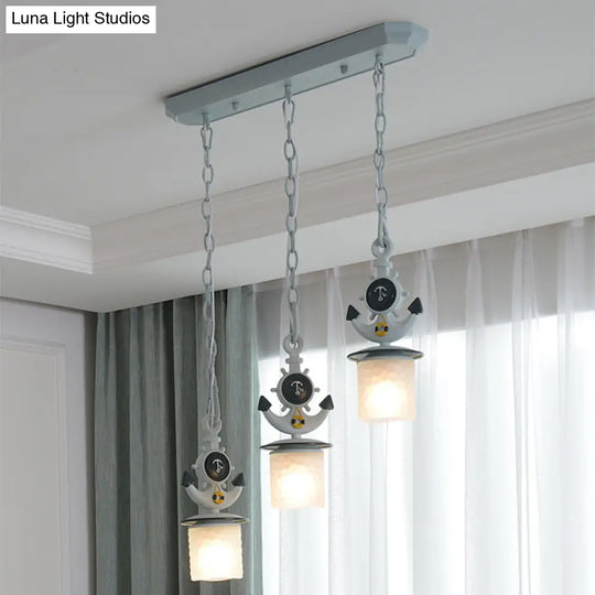 Dimpled Glass Cylindrical Pendant Lights - Modern 3-Head Down Lighting In Black/Blue With Anchor