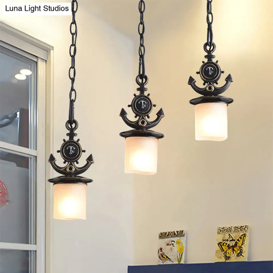 Dimpled Glass Cylindrical Pendant Lights - Modern 3-Head Down Lighting In Black/Blue With Anchor