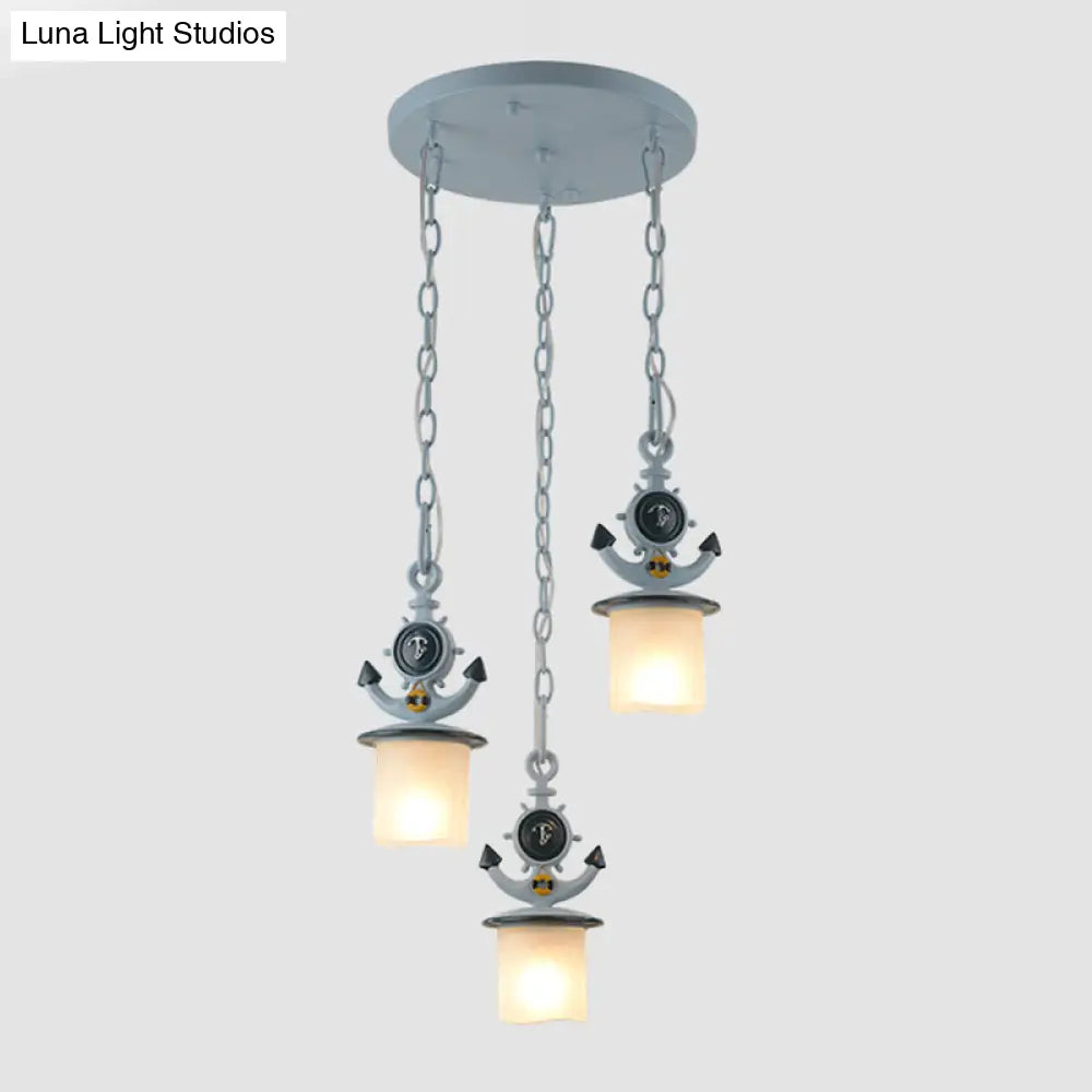 Dimpled Glass Cylindrical Pendant Lights - Modern 3-Head Down Lighting In Black/Blue With Anchor