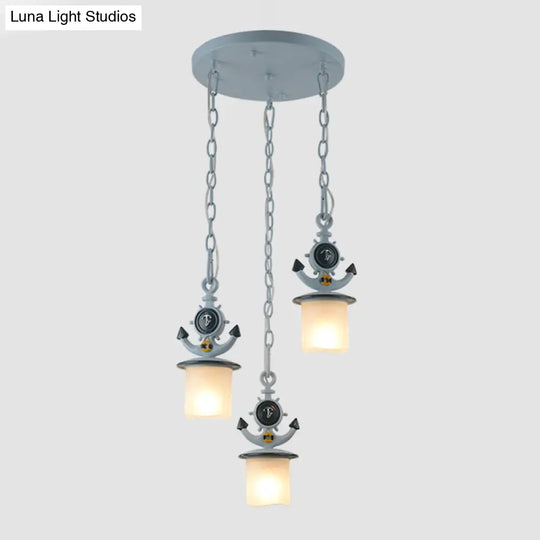 Dimpled Glass Cylindrical Pendant Lights - Modern 3-Head Down Lighting In Black/Blue With Anchor