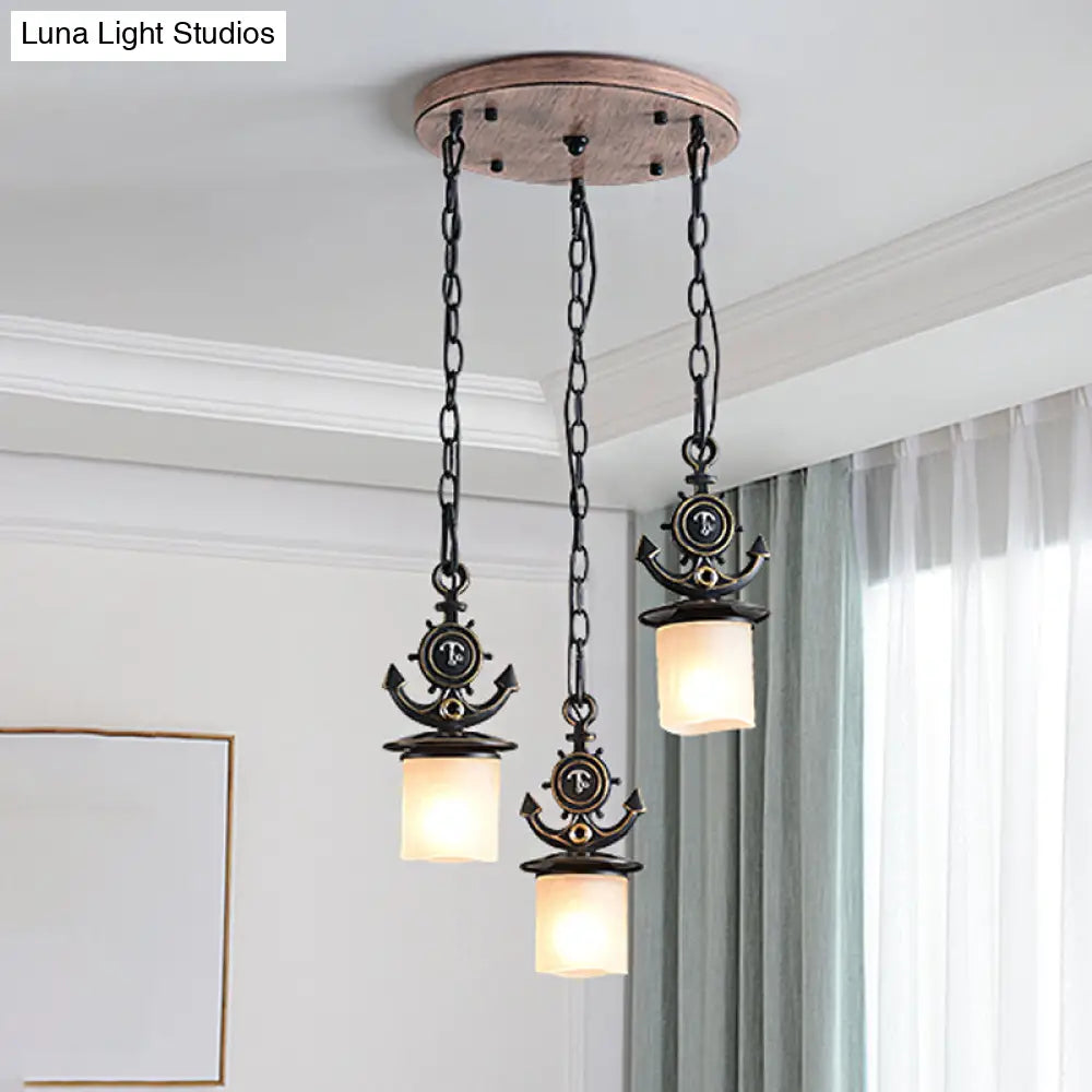 Dimpled Glass Cylindrical Pendant Lights - Modern 3-Head Down Lighting In Black/Blue With Anchor