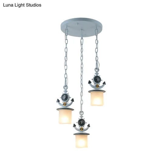 Dimpled Glass Cylindrical Pendant Lights - Modern 3-Head Down Lighting In Black/Blue With Anchor