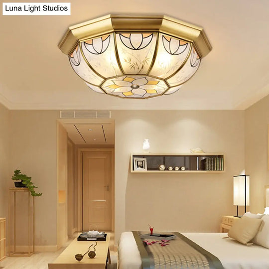 Dining Room Ceiling Light Fixture - 4-Light Flush Mount In Colonial Brass With Frosted Glass