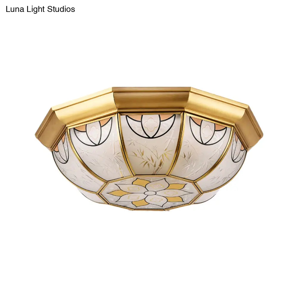 Dining Room Ceiling Light Fixture - 4 - Light Flush Mount In Colonial Brass With Frosted Glass