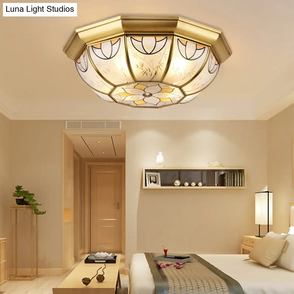 Dining Room Ceiling Light Fixture - 4 - Light Flush Mount In Colonial Brass With Frosted Glass