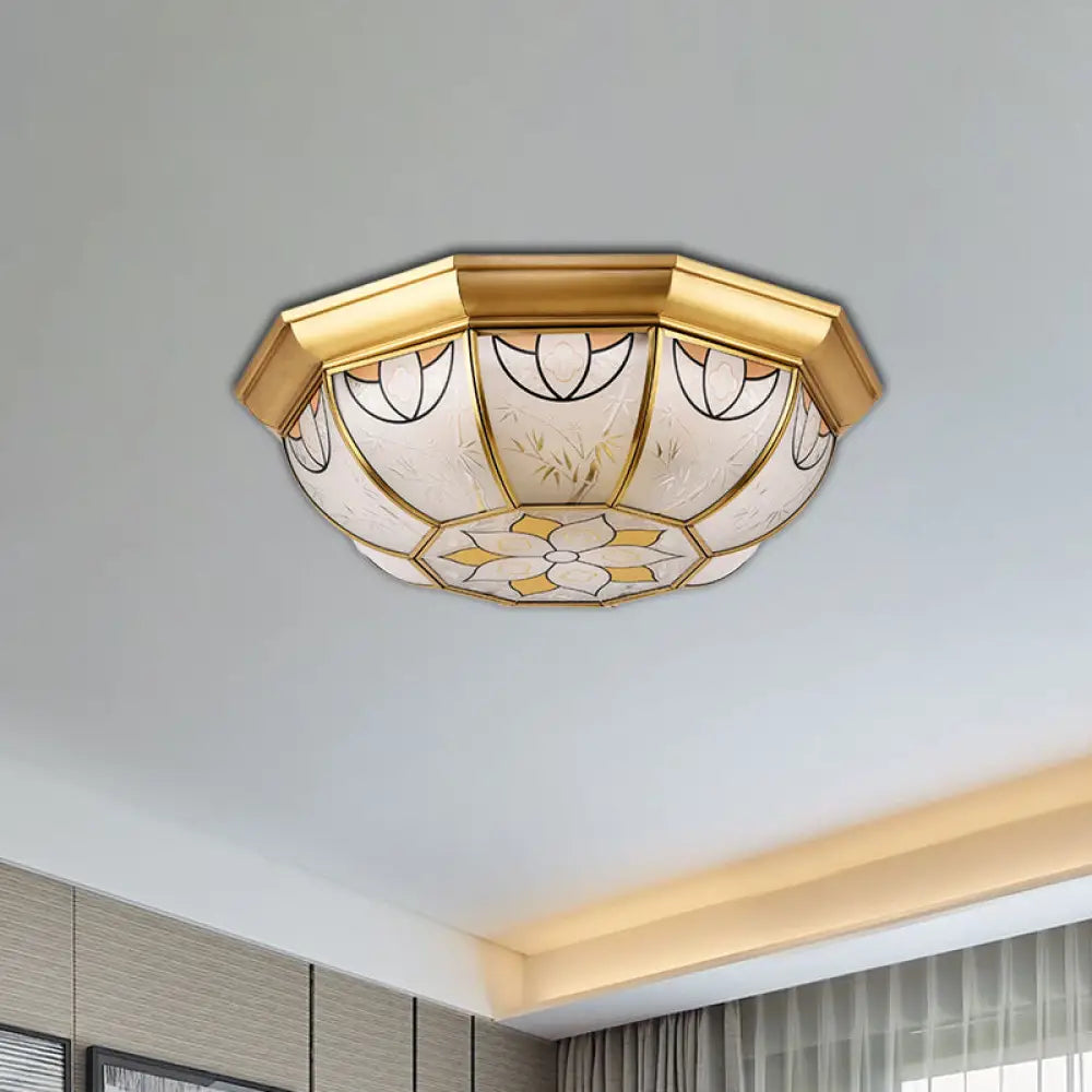 Dining Room Ceiling Light Fixture - 4 - Light Flush Mount In Colonial Brass With Frosted Glass