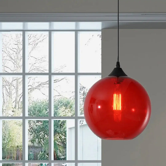 Dining Room Globe Pendant Ceiling Light - Macaron Glass Clear/Coffee/Red 1 Head Hanging Lamp Red