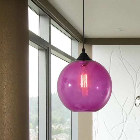 Dining Room Globe Pendant Ceiling Light - Macaron Glass Clear/Coffee/Red 1 Head Hanging Lamp Purple