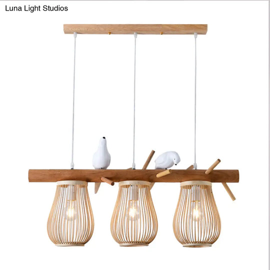 Dining Room Pendant Beige Hanging Lamp With Bamboo Barrel Shade