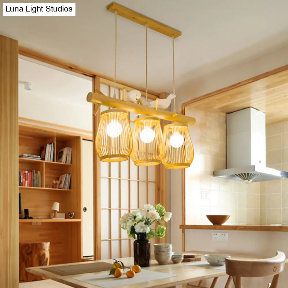 Dining Room Pendant Beige Hanging Lamp With Bamboo Barrel Shade