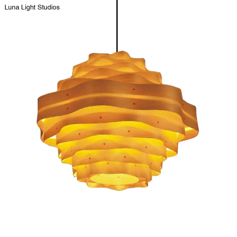 Dining Room Pendant Lamp: Asia Beige Hanging Light With Tiered Wood Shade