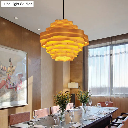 Dining Room Pendant Lamp: Asia Beige Hanging Light With Tiered Wood Shade