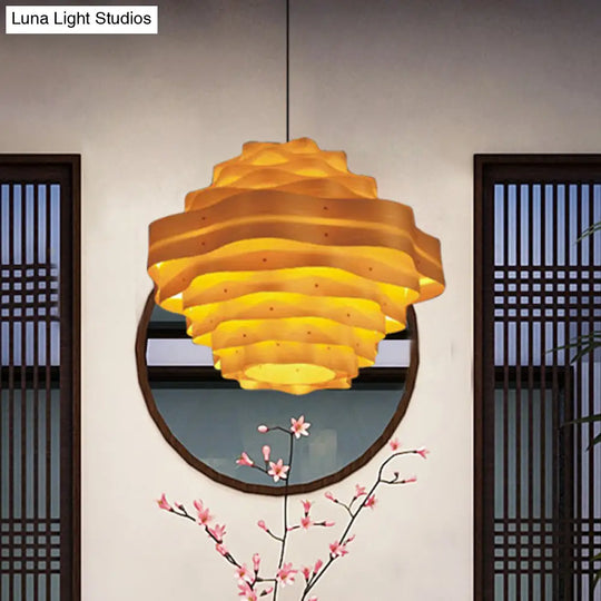 Dining Room Pendant Lamp: Asia Beige Hanging Light With Tiered Wood Shade