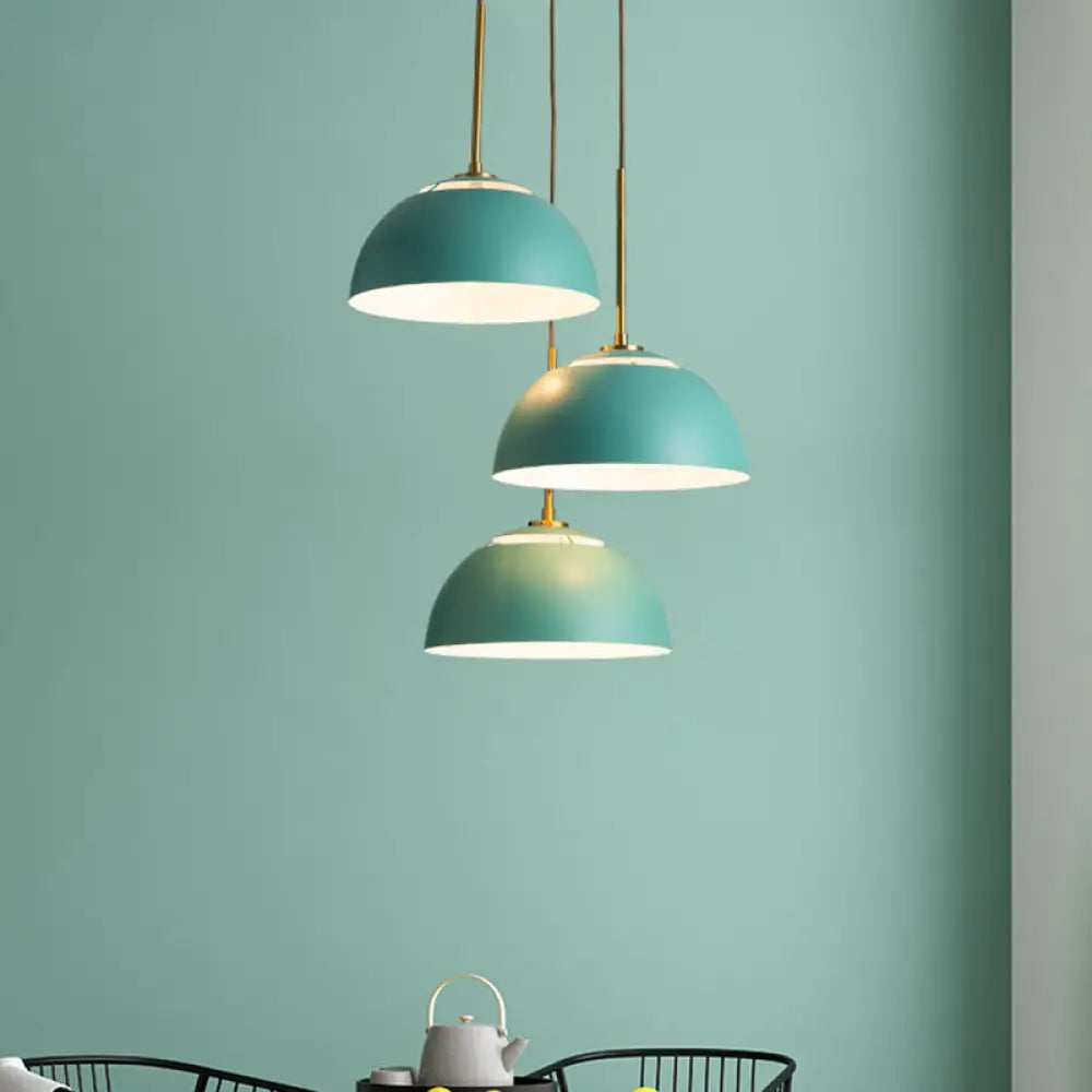 Dining Room Pendant Light Cluster - Macaron White/Pink/Green Finish Down Lighting With Dome Iron