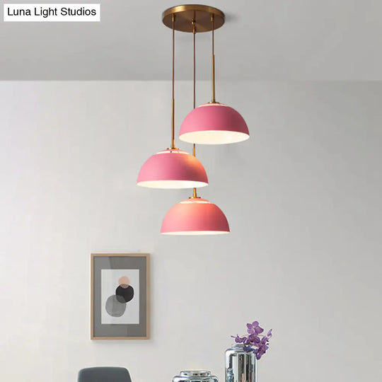 Dining Room Pendant Light Cluster - Macaron White/Pink/Green Finish Down Lighting With Dome Iron