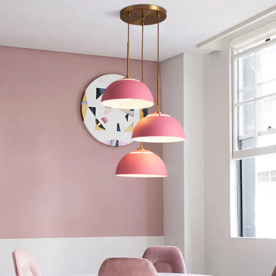 Dining Room Pendant Light Cluster - Macaron White/Pink/Green Finish Down Lighting With Dome Iron