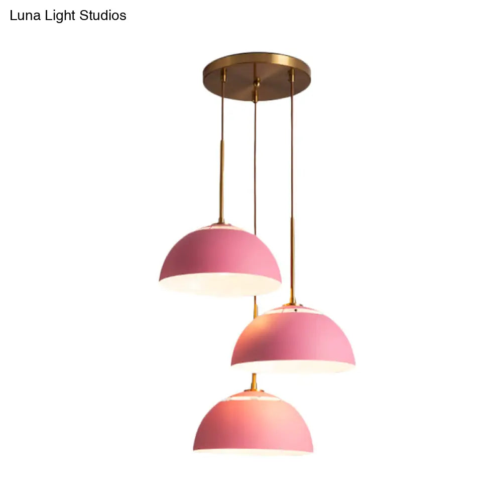 Dining Room Pendant Light Cluster - Macaron White/Pink/Green Finish Down Lighting With Dome Iron