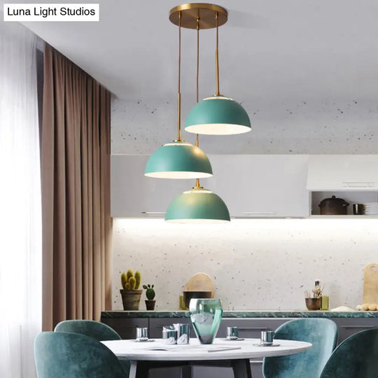 Dining Room Pendant Light Cluster - Macaron White/Pink/Green Finish Down Lighting With Dome Iron