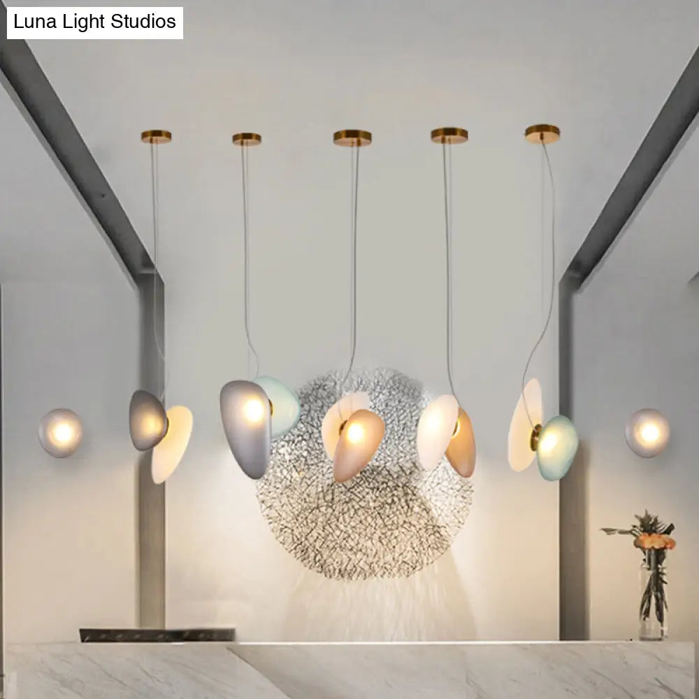 Modern Brass Pendant Light With Glass Shade - Set Of 2 Bulbs Pebble Accent In Light-Blue/Cream