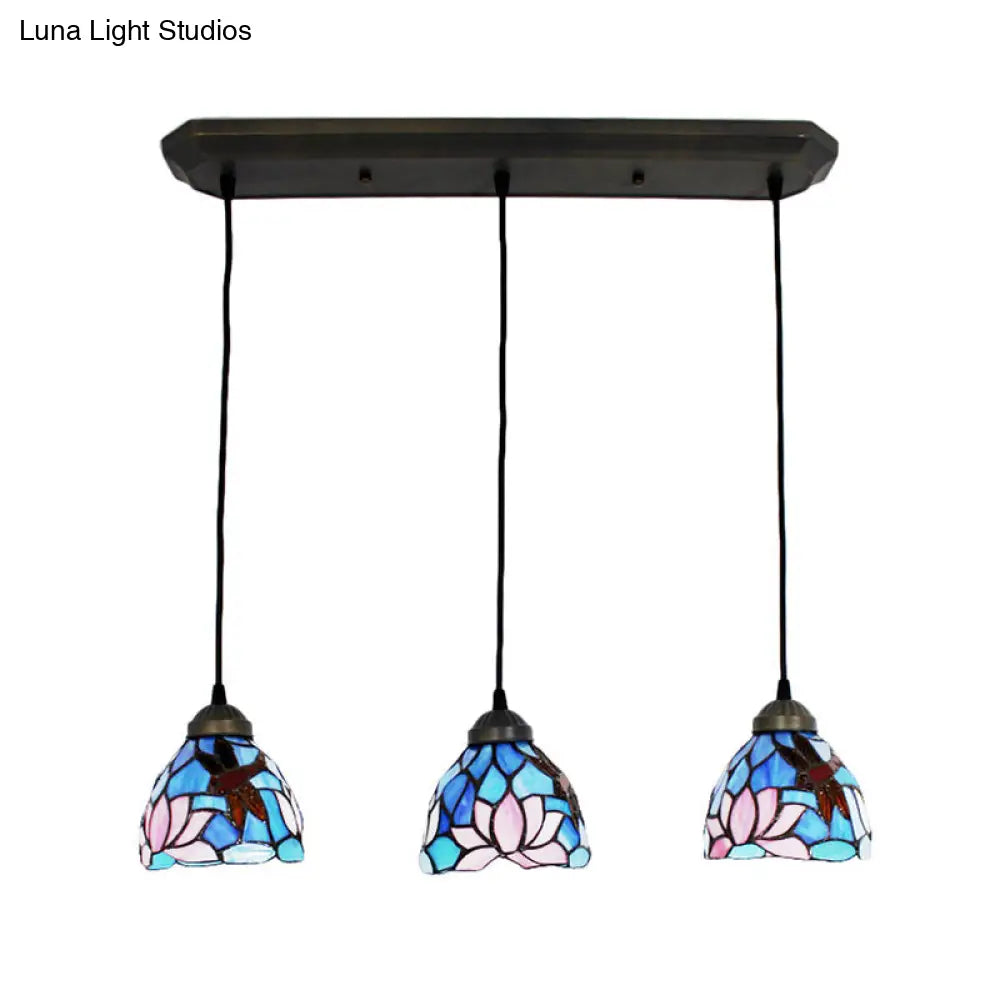 Dining Table Hanging Lights: Dragonfly Ceiling Fixture With Art Glass Shade - 3-Light Linear Design