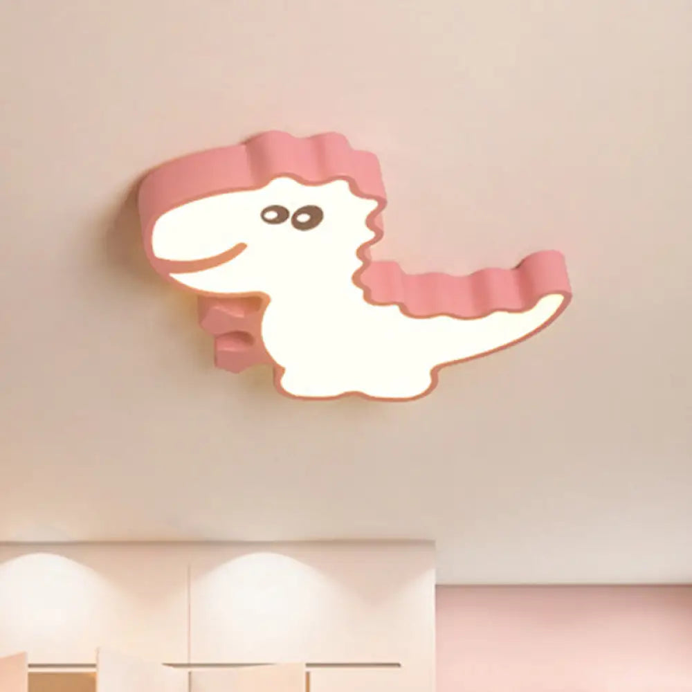 Dinosaur Flush Mount Light For Kids - Iron White/Pink/Green Led Ceiling Fixture Children’s